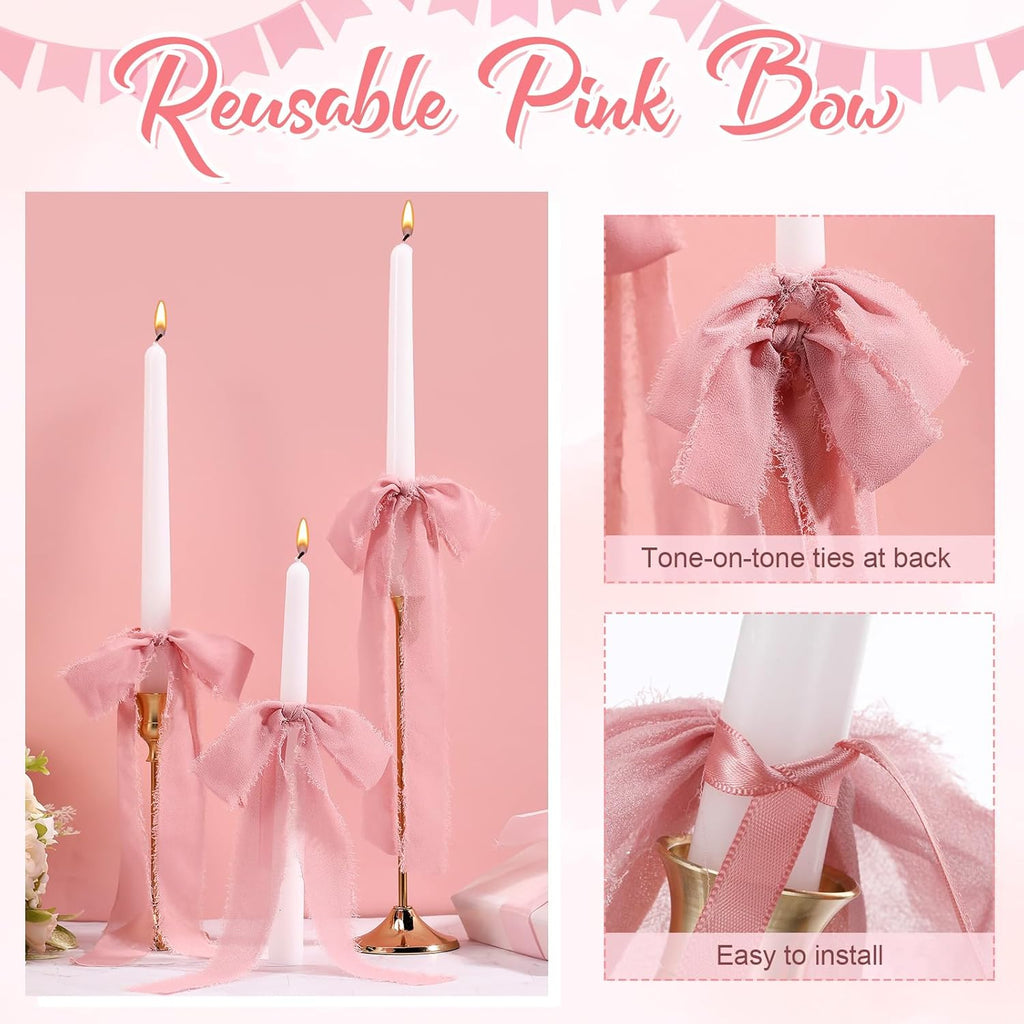Skiennix 24 Pcs Pink Bow Candlestick Ribbons - Perfect for Cake Decorations & Gift Wrapping | 9.5 Inch