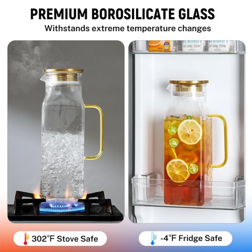 2 Pack 2 Liters/68 oz Square Glass Pitcher with Lid and Handle for Fridge, Iced Tea and Coffee Carafe Beverage Serveware, Heat Resistant Borosilicate Water Gold Jug for Hot/Cold Drinks and Milk
