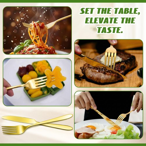 Nuenen 100 Pieces Stainless Steel forks and knives Dinner Flatware Set Tableware Cutlery for Butter Kitchen Restaurant, Dishwasher Safe (Gold,9.06 Inches, 8.07 Inches)