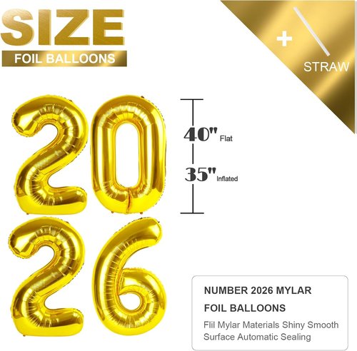 2026 Gold Number Balloons - 40 Inch New Year's Eve Decorations | Perfect for Graduation & Birthday Parties