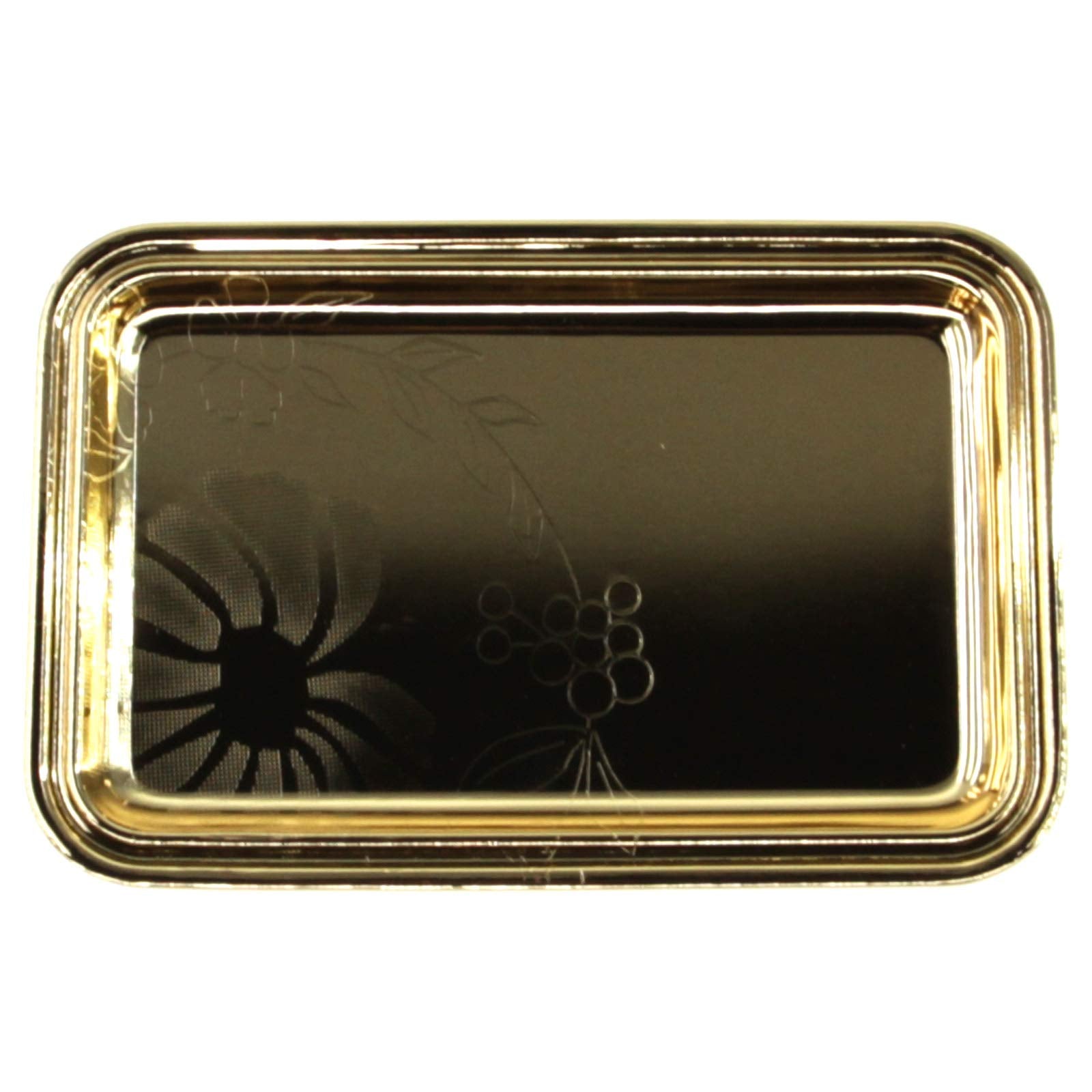 Maro Megastore (Pack of 4) 7 inch x 4.7 inch Rectangular Iron Gold Plated Mirror Serving Tray Floral Engraved Decorative Party Birthday Wedding Buffet Wine Decor Platter Plate Base Dish CC-1155
