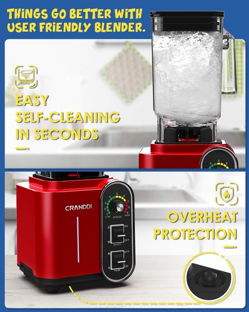 CRANDDI Smoothie Blender - 1800 Watt Professional Blender with 52oz Capacity, Stainless Steel Blade & Self-Cleaning | K98C Red
