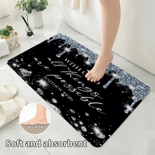 4 Pcs Black Silver Diamonds Shower Curtain Set with Rugs and Toilet Lid Cover, Black White Bible Verse Waterproof Fabric Bathroom Set, Christian Scripture Shower Curtain Bathroom Decor Set Accessories