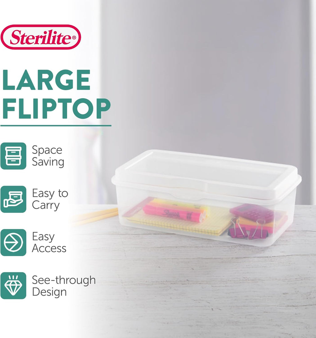Sterilite 6-Pack Rectangular Large Flip-Top Storage Boxes - Clear Stackable Organizers for Crafts, Photos & More