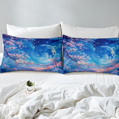 Cherry Blossoms Fitted Sheet Twin Size,Moonnight Cloud Starry Sky Bedding Set,Girls Women Room Decor,Sakura Flowers Chinese Style Bed Cover,Pink Blue Romantic Bed Sheet,1 Pillowcase(No Top Sheet)