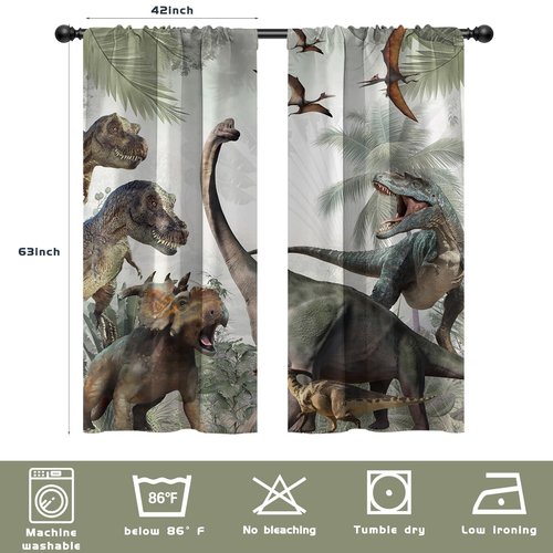 EOVDSFW Dinosaur Window Curtains Rod Pocket Jurassic Dino for Boys Kids Girls Animals Nature Wild Forest Leaf Cute Teen Room Drapes 2 Panels for Living Bedroom Home Decor 42X63 inch
