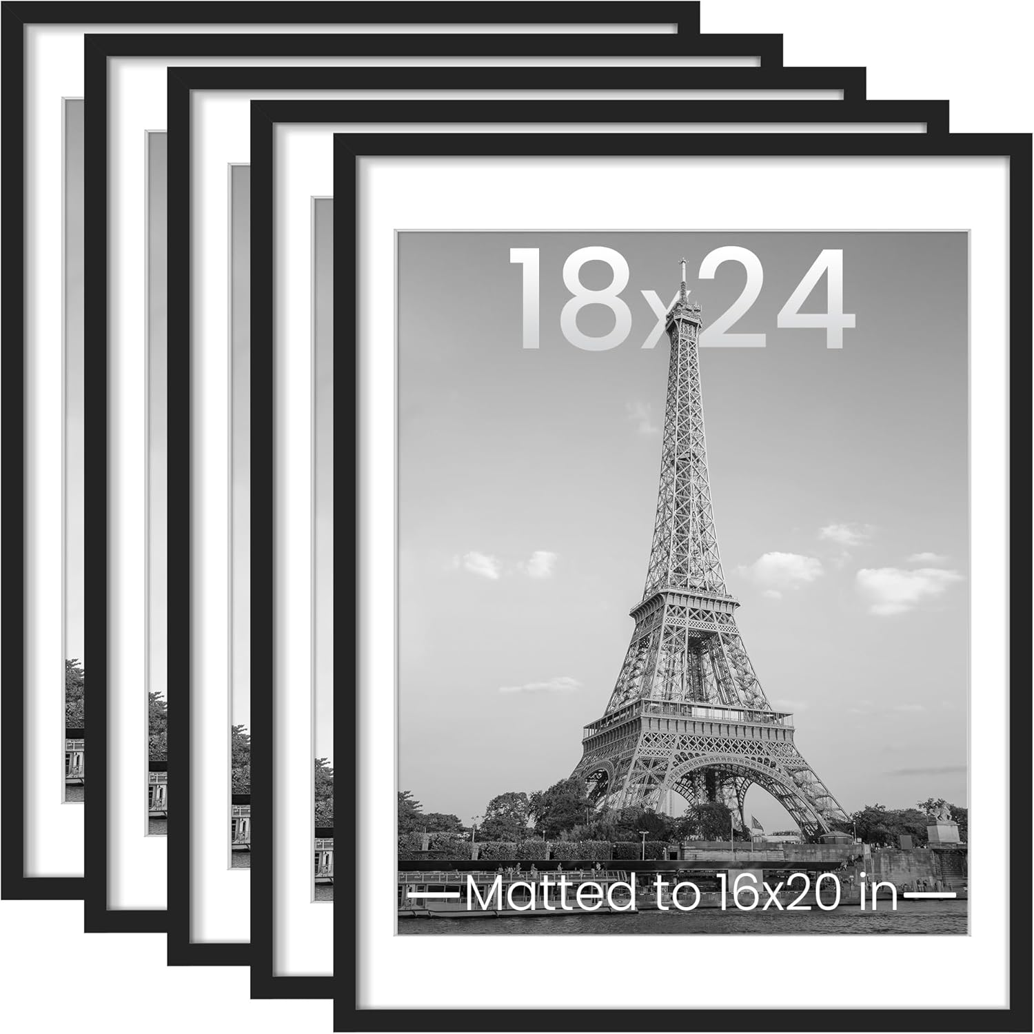 Upsimples 18x24 Picture Frame Set of 5 - Display 16x20 with Mat or 18x24 Without - Black Wall Gallery Frames