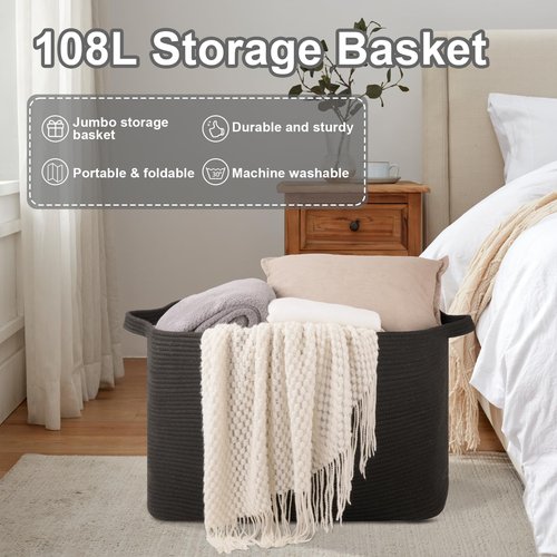 OIASKET 108L Extra Large Blanket Basket, 24.8" x 16.2" x 16.2" Rectangle Woven Storage Baskets for Living Room, Nursery, Bedroom, Toy Basket with Handle (Black)