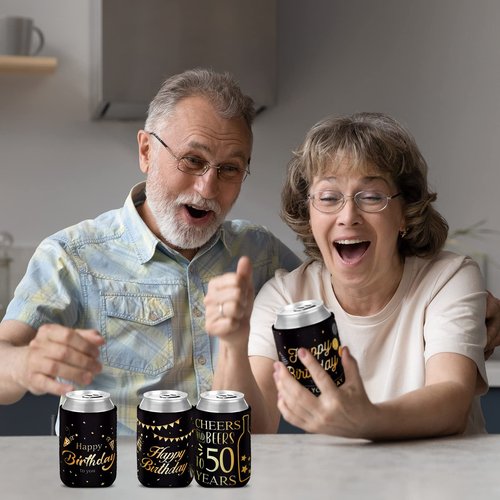 Umigy 48 Pcs 50th Birthday Party Favors Cheer to 50 Years Can Sleeve 50 Years Old Birthday Decorations Black and Gold over the Hill 50th Party Supplies for Men Women Guests