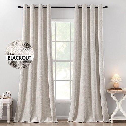 MIULEE 100% Blackout Linen Curtains - Thermal Insulated Ivory Drapes for Bedroom & Living Room | 52 x 132 Inch (2 Panels)