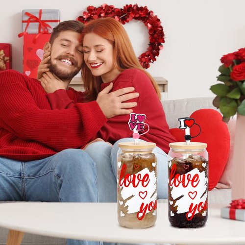 2 Pcs Valentine's Day Glass Cups 16 oz Color Changing Cups with Lids & Straws Iced Coffee Tumbler Drinking Mug with Printed love you Red Heart for Galentines Couple Wedding Anniversary Birthday Gifts