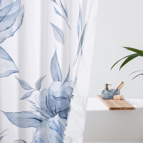 Litabel Blue and Grey Boho Watercolor Floral Shower Curtain, Ink Painting Style Blossom & Leaf Shower Curtains for Chic Elegant Bathroom, Artistic Fabric Cloth Flower Shower Curtain, 72x72