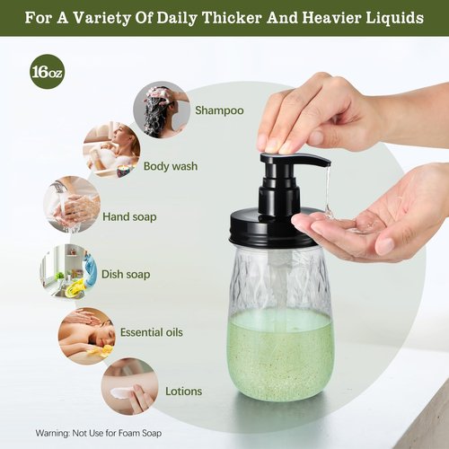 Amolliar Plastic Soap Dispenser with Pump Lid, 16 Oz Refillable Bathroom Hand Dish Soap Dispenser Set, Clear Kitchen Liquid Dispenser with Cute Lables for Farmhouse Shower (2 Pack, Black)