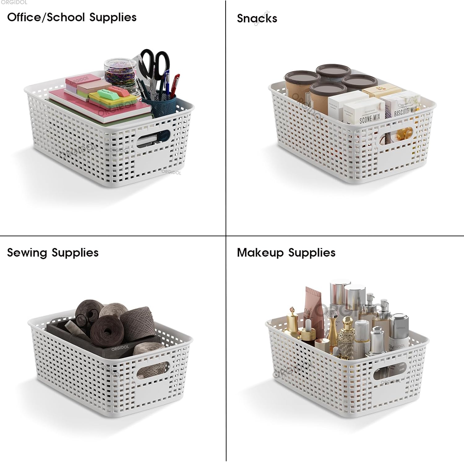 ORGIDOL Stackable Plastic Storage Baskets - 10 Pack with Lids for Organizing Home & Office | White
