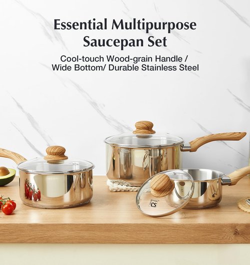 KOCH SYSTEME CS Stainless Steel Pots, 6 Piece Sauce Pan Set with Lids, 1QT, 2QT, 3QT Stainless Steel Saucepan with Cool-Touch Handles, 5-layers Base Pots, Induction Compatible Sauce Pan, Pot Set