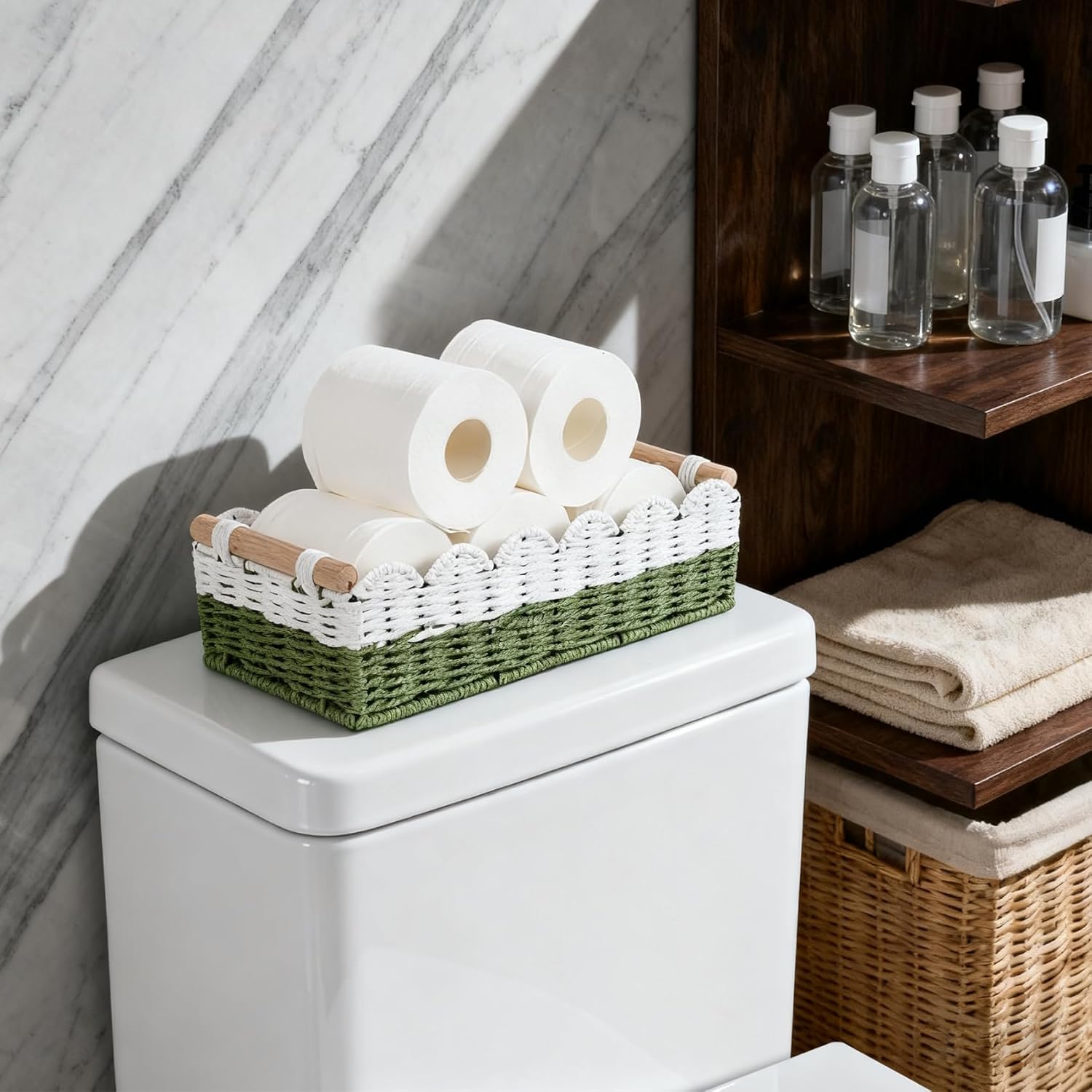 Regine Switzerland Scalloped Edge Toilet Paper Storage Basket - Handwoven Paper Rope for Stylish Bathroom Decor | Includes 2 Wooden Handles