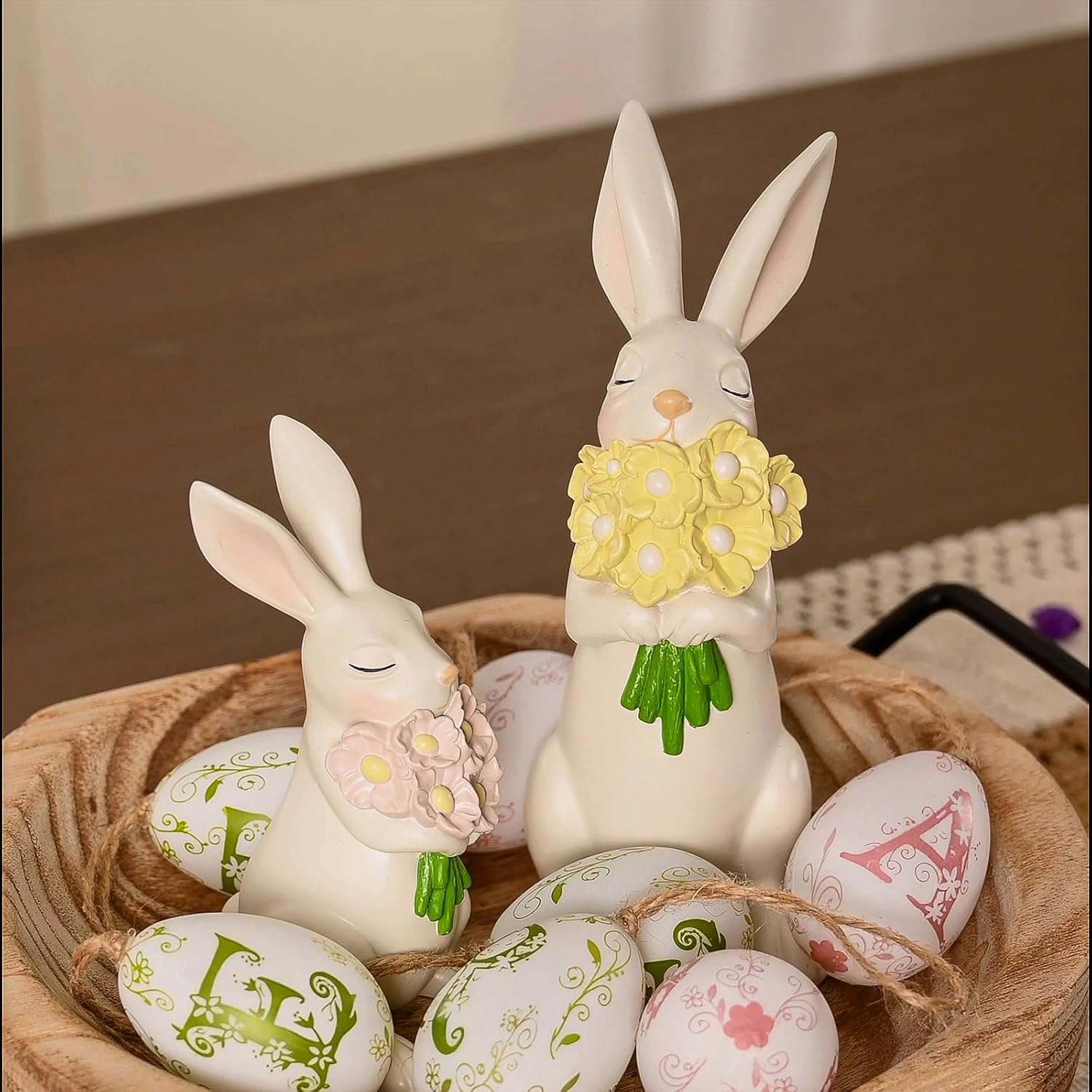 WDS WONDROUS Bunny Figurines Set - Cream White Bunnies with Pastel Flower Bouquets | Cute Spring Home Decor, Set of 2