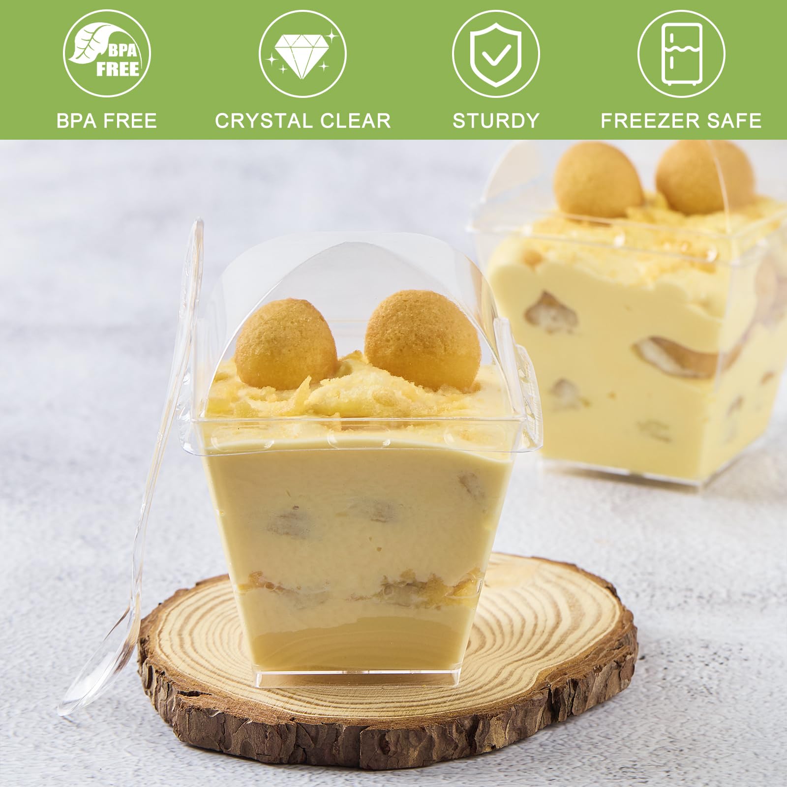 Zezzxu 50 Pack 7 oz Square Dessert Cups with Dome Lids and Spoons, Plastic Pudding Cups with Lids Mini Parfait Shooter Cups for Party Individual Banana Pudding Jello Yogurt Fruit Trifle
