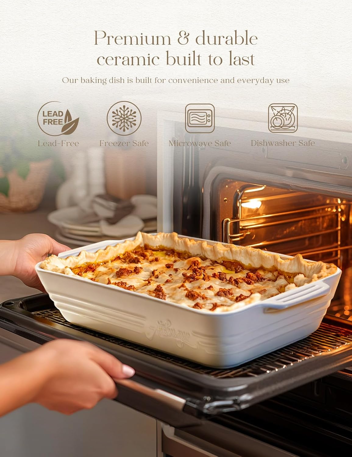 Regine Switzerland Casserole Dish - 9x13 Ceramic Baking Pan with Handles | 4.2 Quarts Durable Lasagna Bakeware in White