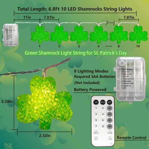 St Patricks Day Lights 6.8Ft Green Shamrock String Lights 10 LED Shatterproof Lucky Clover Light Battery Operated with Remote Timer, St Patricks Shamrock Light Indoor for Party Home Irish Decor