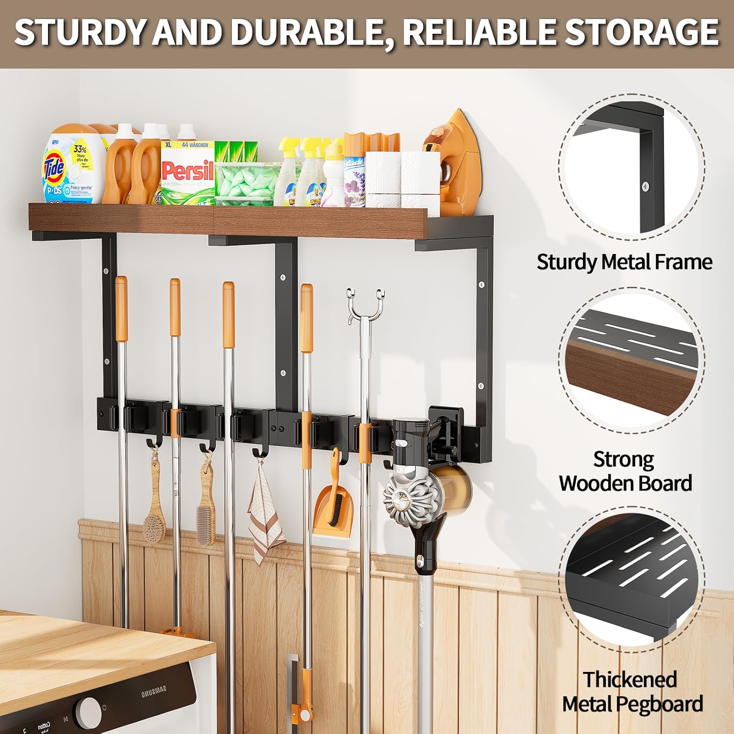 Skiennix Broom Holder Wall Mount - Versatile Cleaning Supplies Organizer with Mop Hanger & Gripper Hooks | Ideal for Home, Garage, Kitchen