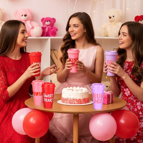 Ferrochef 24pcs Valentine Day Conversation Coffee Cups Mugs Gift Bulk 16oz Galentine Day Reusable Plastic Tumbler with Lids for Women Galentine Party Supplies Hot Cold Drinks (Love Lettering)