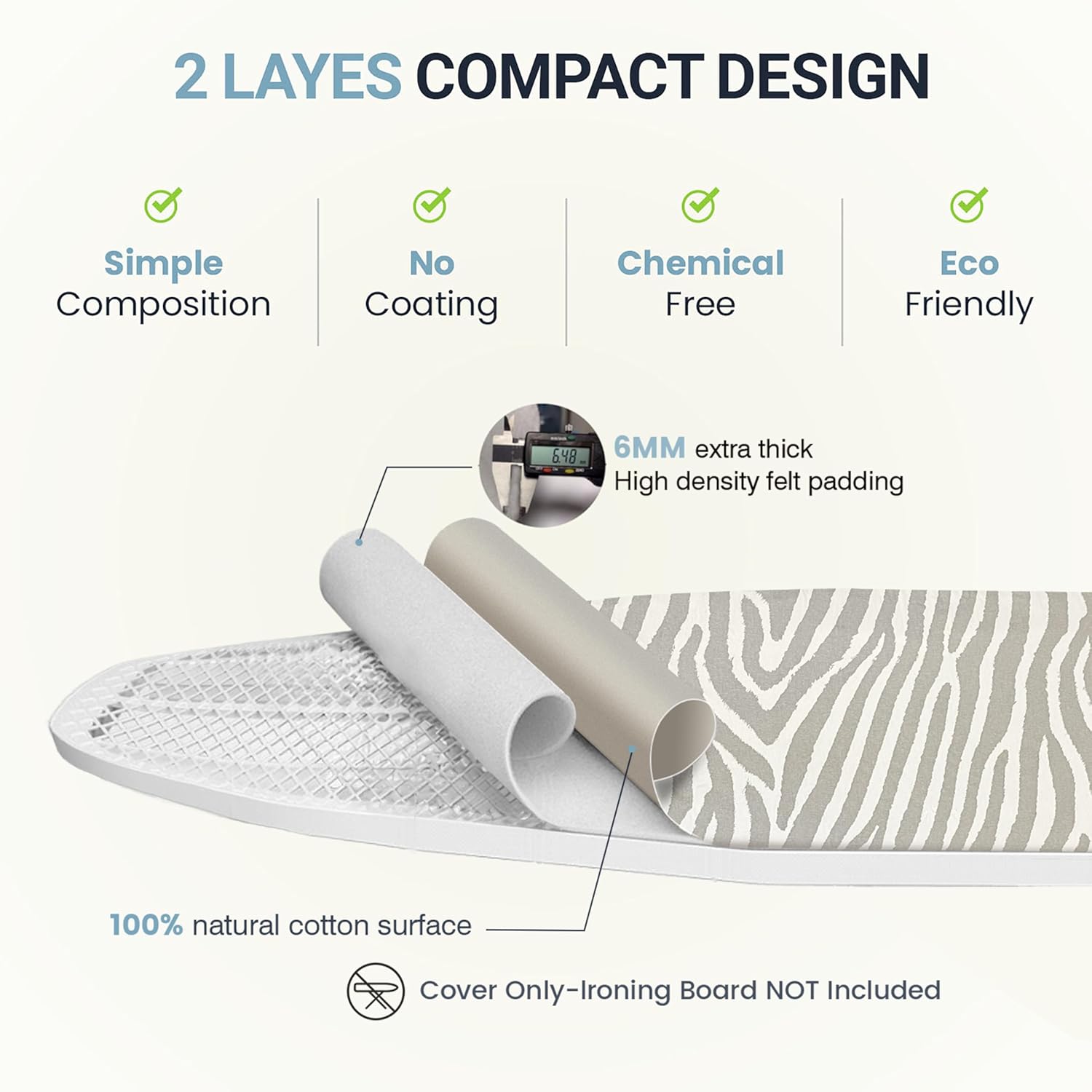 UniSimp Ironing Board Cover - Extra Thick Natural Cotton, Scorch & Stain Resistant | 18"x54" Zebra Design