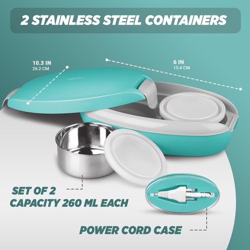 MILTON Swiftron Stainless Steel Electric Tiffin Box, Set of 2, (260 ml Each), Aqua Green | Food Grade | Double Walled | Auto Cut off | Reheats food