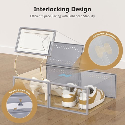 Kuject Large Shoe Storage Box - Stackable Crystal Clear Organizer | Space-Saving 12-Pack Grey