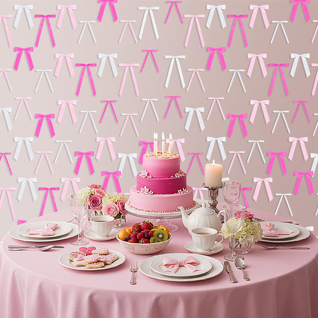 Suncalla 60 Pcs Bow Wall Decor, DIY Bows Party Decorations, Satin Ribbon Bow Garland Photo Backdrop for Birthday Baby Shower Bridal Shower Bachelorette Wedding Party Decor(Pink Series)