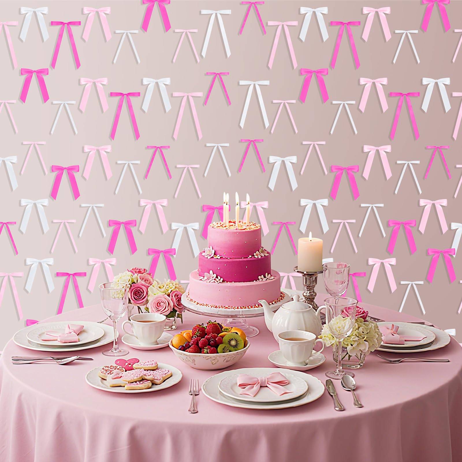 Suncalla 60 Pcs Bow Wall Decor, DIY Bows Party Decorations, Satin Ribbon Bow Garland Photo Backdrop for Birthday Baby Shower Bridal Shower Bachelorette Wedding Party Decor(Pink Series)