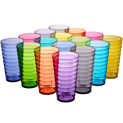 US Acrylic Splash [Set of 16] 18 ounce Plastic Stackable Water Tumblers in Jewel Tone Colors Value Set of Drinking Cups, Reusable, BPA-free, Made in the USA, Top-rack Dishwasher Safe