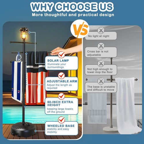 Solar Light Pool Towel Rack with Wheels – 63" Tall Adjustable Outdoor Towel Rack for Patio, Bathroom, Hot Tub