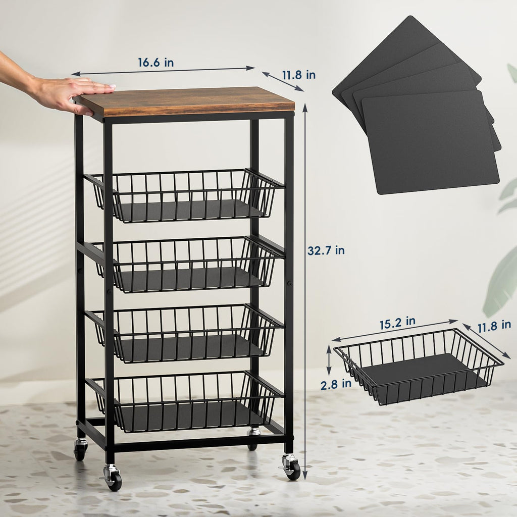 Venkuber Fruit Vegetable Cart, 4-Tier Snack & Kitchen Cart on Wheels with Storage, Pull-Out Baskets & Wood Top, Rolling Organizer for Pantry, Living Room (Brown)