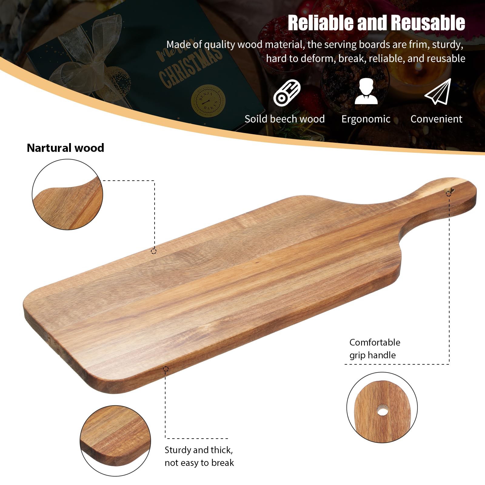 Rtteri 6 Pcs Acacia Wood Cutting Board with Handles Kitchen Thicken Chopping 17 x 6 Inch Wooden Charcuterie Serving Blank Boards Bulk for Engraving Wedding Housewarming Gift