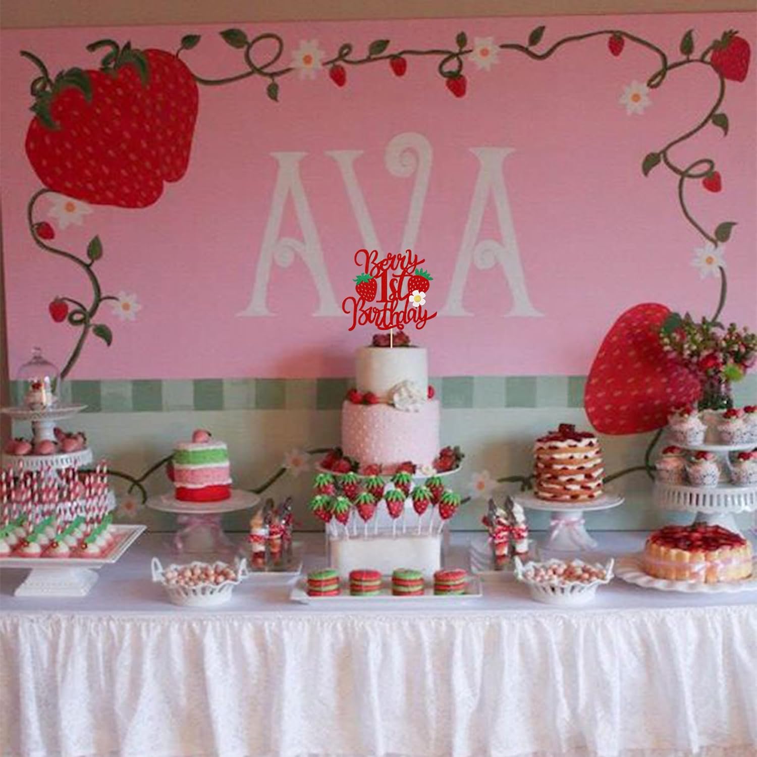 Skiennix 1st Birthday Cake Topper - Glittery Strawberry Design for Sweet Fruit Theme Party