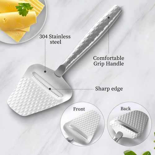 Stainless Steel Cheese Slicer – Effortless Slicing for All Cheeses – Premium Handheld Cheese Cutter – Cheese Plane for Block Cheese – Quilted Pattern Reduces Resistance, Non-Stick & Ergonomic Grip