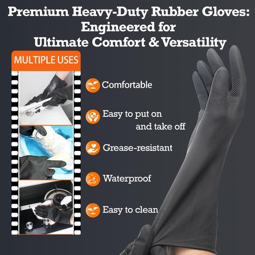 Exprosiflux Heavy-Duty Thick Rubber Cleaning Gloves - 3 Pairs of Extra-Large Black Reusable Waterproof Non-Slip Gloves for Dishwashing and Kitchen Cleaning