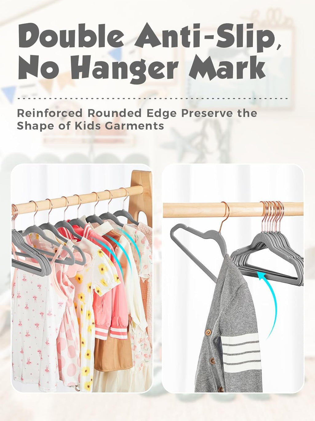 Smartor Kids Velvet Hangers - 50 Pack Premium Non-Slip Felt Hangers for Toddler Clothes | 14 Inch Grey with Rose Gold Hook
