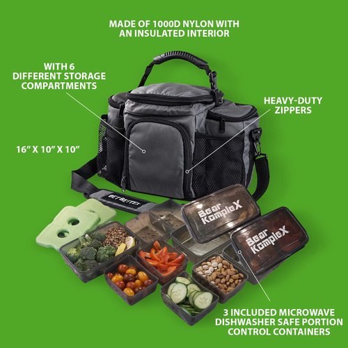 Bear KompleX Insulated Meal Prep Lunch Box for Men, Durable Large Gym Lunch Bag with 3 Stackable Containers & Ice Pack, Waterproof, Dishwasher Safe, Microwave Safe Meal Prep To Go Bag,