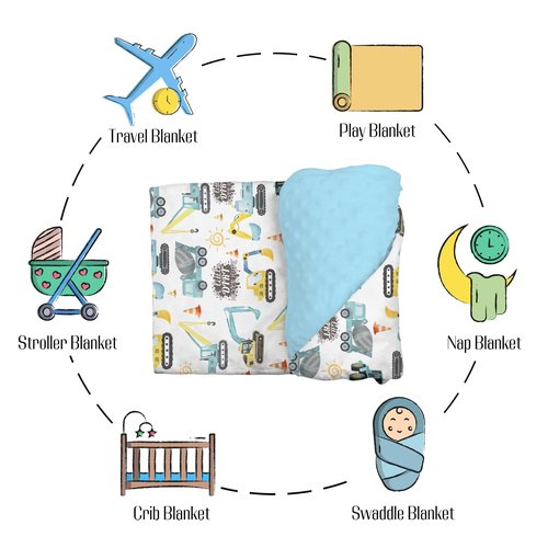 EyMzcod Mink Baby Boy Blankets Blue Yellow Construction Vehicle, A Little Dirt Never Hurt Double Layer Dotted Backing Receiving Swaddle, Newborn Infant Toddler Nursery Crib Bedding Shower Gift 30 x 40