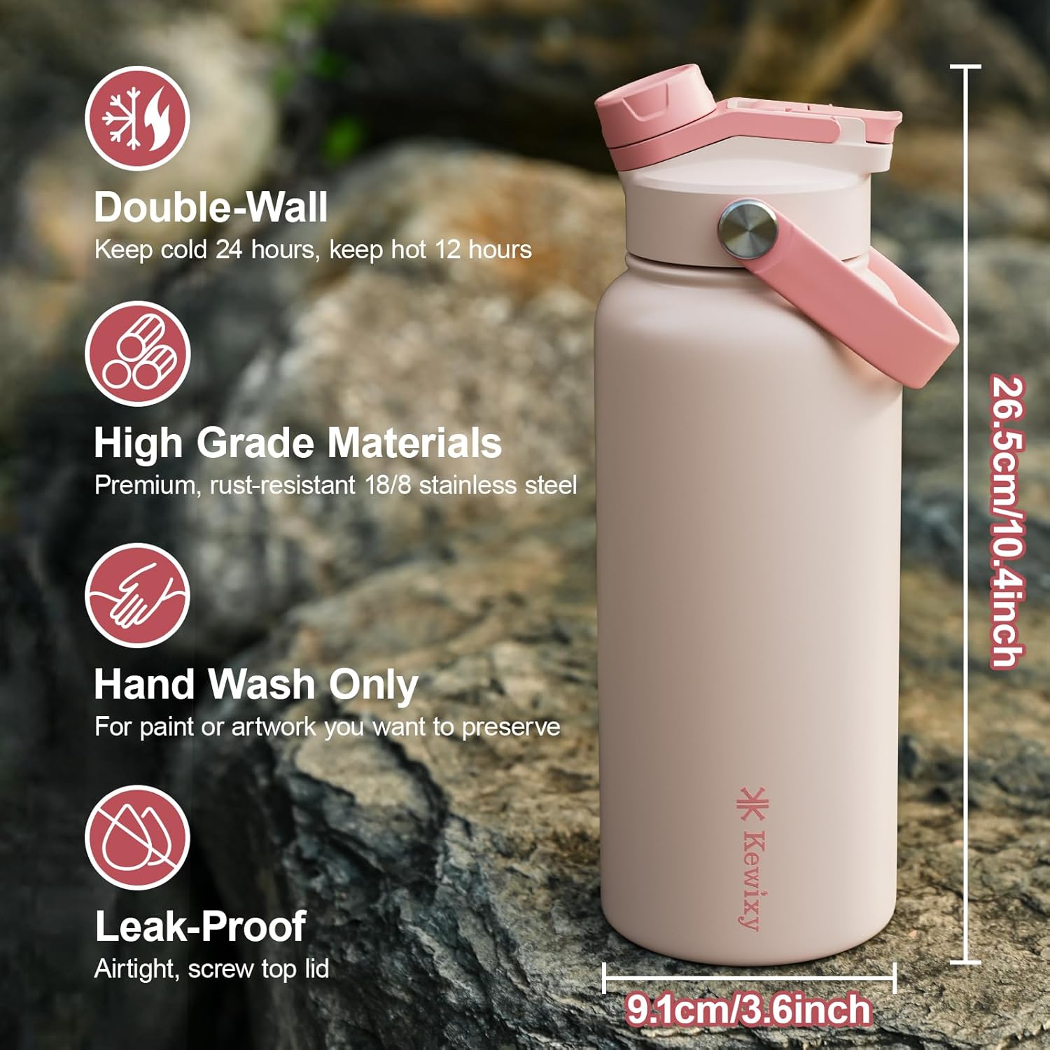Skiennix 32 oz Insulated Water Bottle - 2-in-1 Lid with Straw & Spout, Leak Proof, Blush Pink