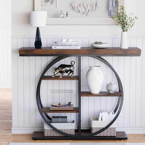 LIFECHOVY 41.3" Console Table for Entryway, Industrial Hallway Sofa Table with Storage Shelves, Narrow Accent Decor Living Room Furniture with Circle Base for Foyer, Entrance, Rustic Brown