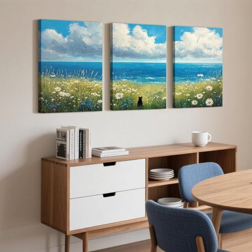 Black Cat Canvas Wall Art - Set of 3 Abstract Coastal Floral Prints | 12"x16" Wrapped Frame