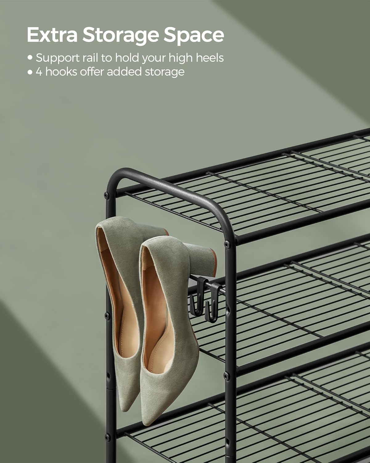 SONGMICS 2-Tier Shoe Rack - Height-Adjustable Metal Organizer with 4 Side Hooks | Holds 18 Pairs - Ink Black