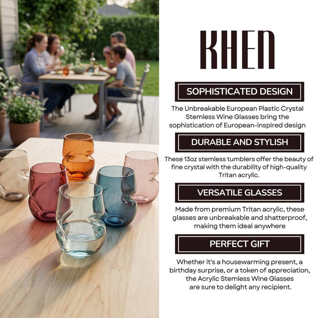 Khen Unbreakable Aerating Stemless Wine Glasses - European Tritan Plastic Wine Glass Set with Finger Indentations - Set of 6-13 oz - Acrylic Reusable, BPA Free, Naturally Aerates Wines