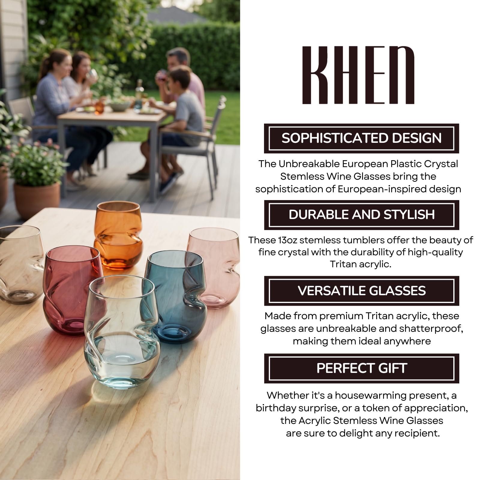 Khen Unbreakable Aerating Stemless Wine Glasses - European Tritan Plastic Wine Glass Set with Finger Indentations - Set of 6-13 oz - Acrylic Reusable, BPA Free, Naturally Aerates Wines