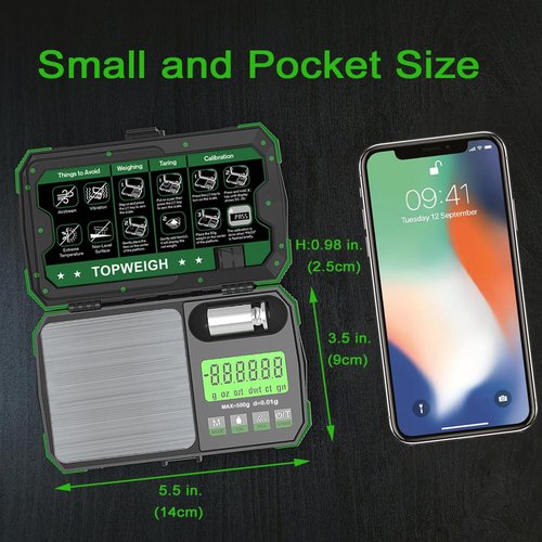 TOPWEIGH Pocket Scale, Dual Powered, Precision Gram Jewelry Scale with Zipper Case, Digital Small Coin Scale, Large Backlight Display, 500g x 0.01g, 6 Weighing Units,Cal Weight, USB Cable Included
