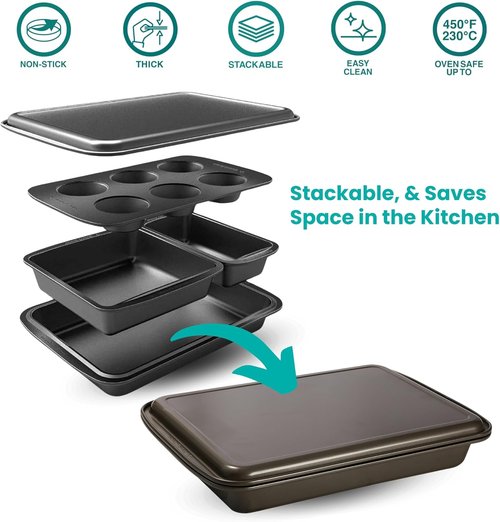 Baker's Secret Stackable Baking Set - 5 Essential Bakeware Pans | Muffin, Roaster, Square, Cookie & Loaf Pan