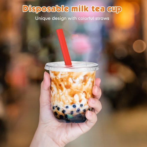 Ziliny 50 Sets Clear Cups with Lids and Jumbo Smoothie Straws Disposable Plastic Cups for Smoothies, Bubble Milk Tea, Milkshakes, Cold Drinks(12 oz)